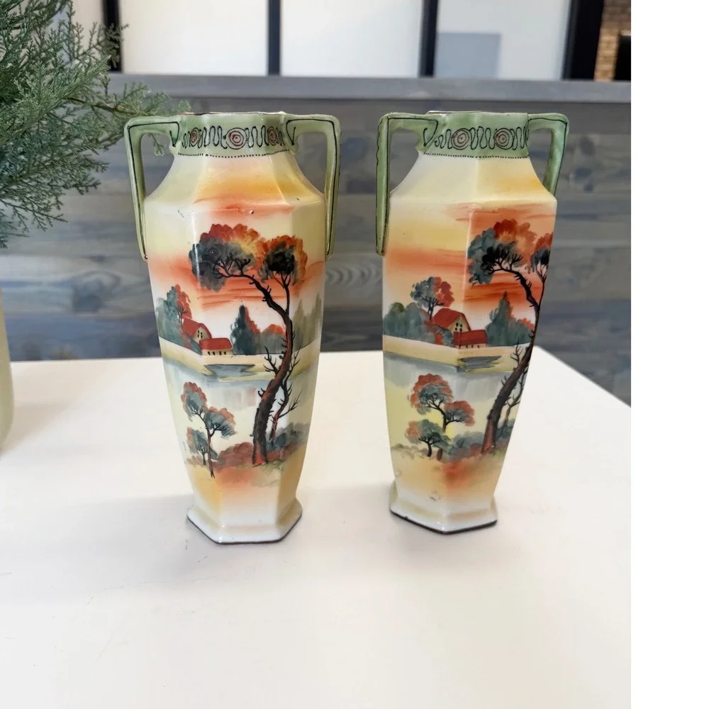 Antique Nippon Hand Painted Landscape Vases Moriage Gilt Porcelain Pair 9.5